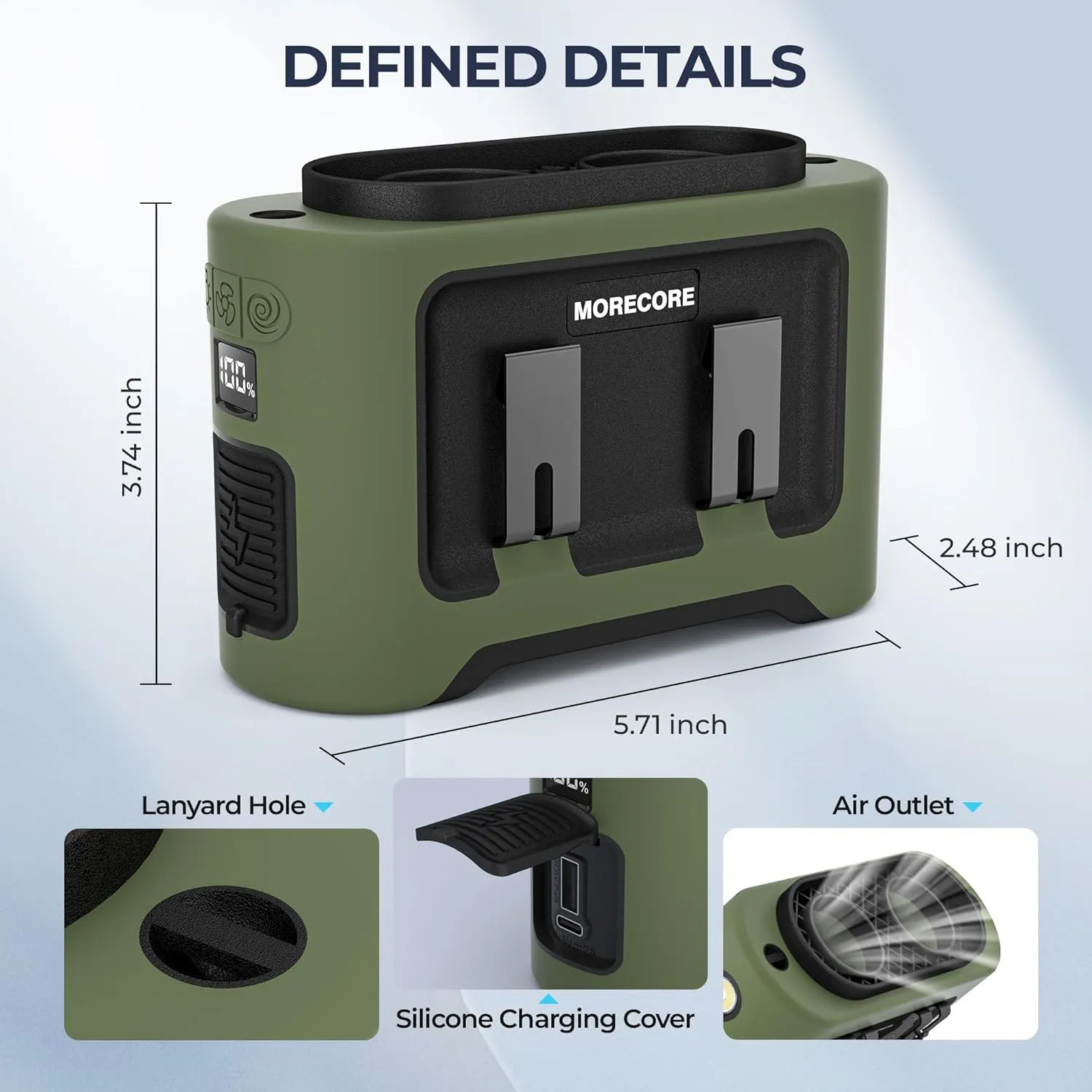 MORECORE 14500mAh Rechargeable Waist Fan with 40H Cooling, 5 Speeds & Flashlight with Rotatable Clip on Belt, Wearable Personal Shirt Fan, Hands-free for Outdoor Work Jobsite Farms Fishing-Green