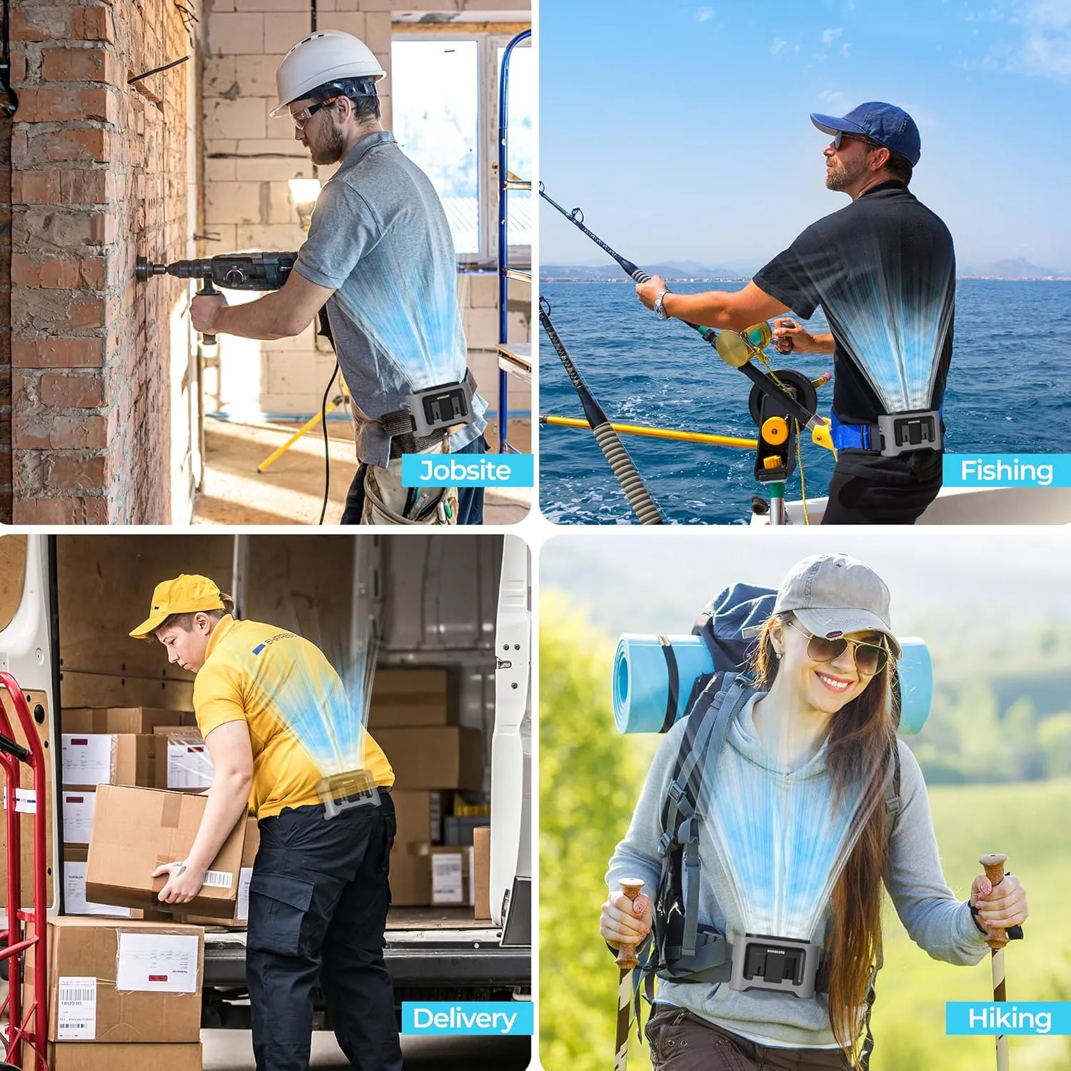 MORECORE 14500mAh Rechargeable Waist Fan with 40H Cooling, 5 Speeds & Flashlight with Rotatable Clip on Belt, Wearable Personal Shirt Fan, Hands-free for Outdoor Work Jobsite Farms Fishing-Grey