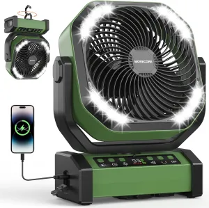 MORECORE 20000mAh Rechargeable Camping Fan with Light, 112HRS Running, 8-Speed, Auto Oscillating, Timer, LED Digital Display, 270Pivot with Hook for Tent RV Emergency Garage-Army Green Battery-powered portable fan