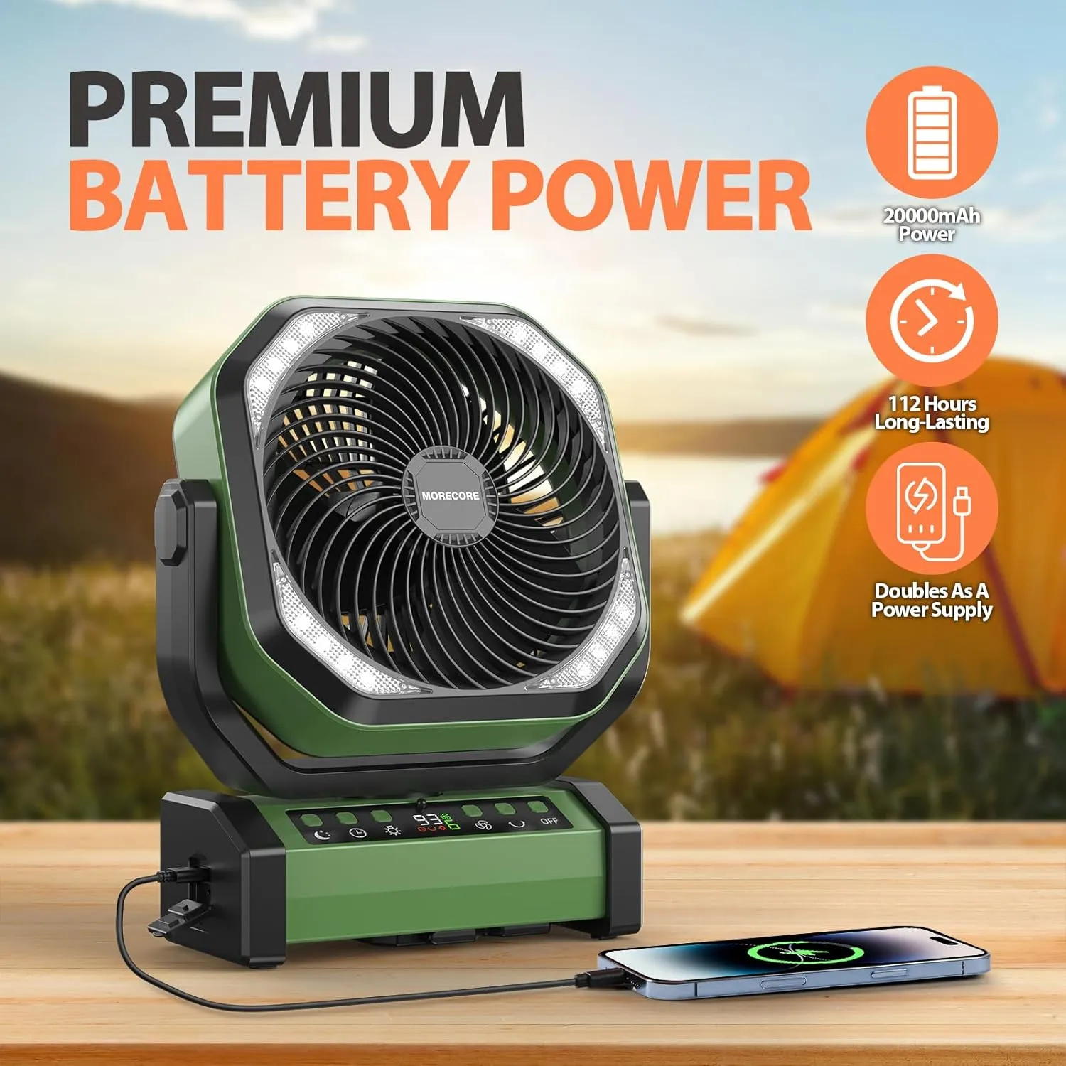 MORECORE 20000mAh Rechargeable Camping Fan with Light, 112HRS Running, 8-Speed, Auto Oscillating, Timer, LED Digital Display, 270Pivot with Hook for Tent RV Emergency Garage-Army Green
