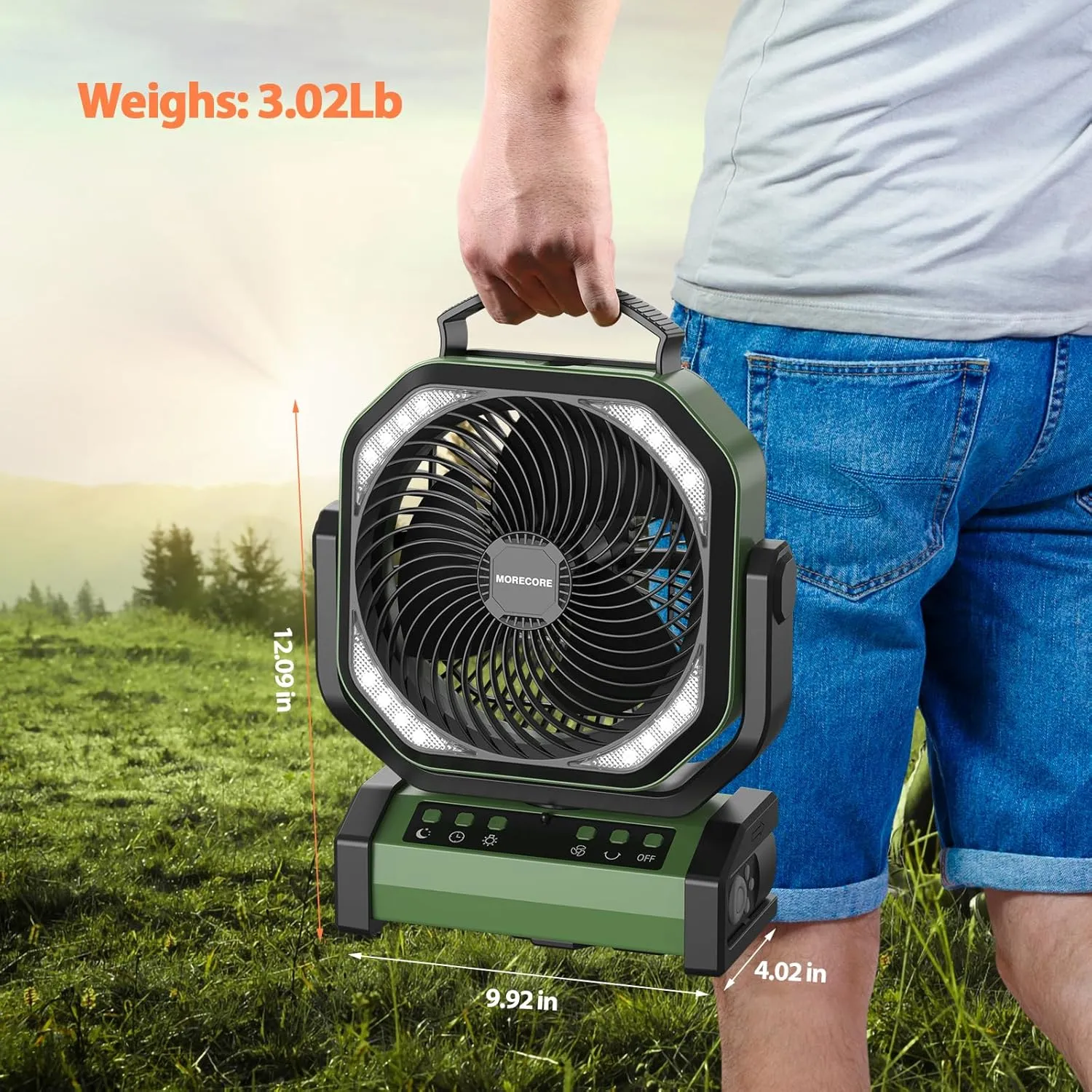 MORECORE 20000mAh Rechargeable Camping Fan with Light, 112HRS Running, 8-Speed, Auto Oscillating, Timer, LED Digital Display, 270Pivot with Hook for Tent RV Emergency Garage-Army Green