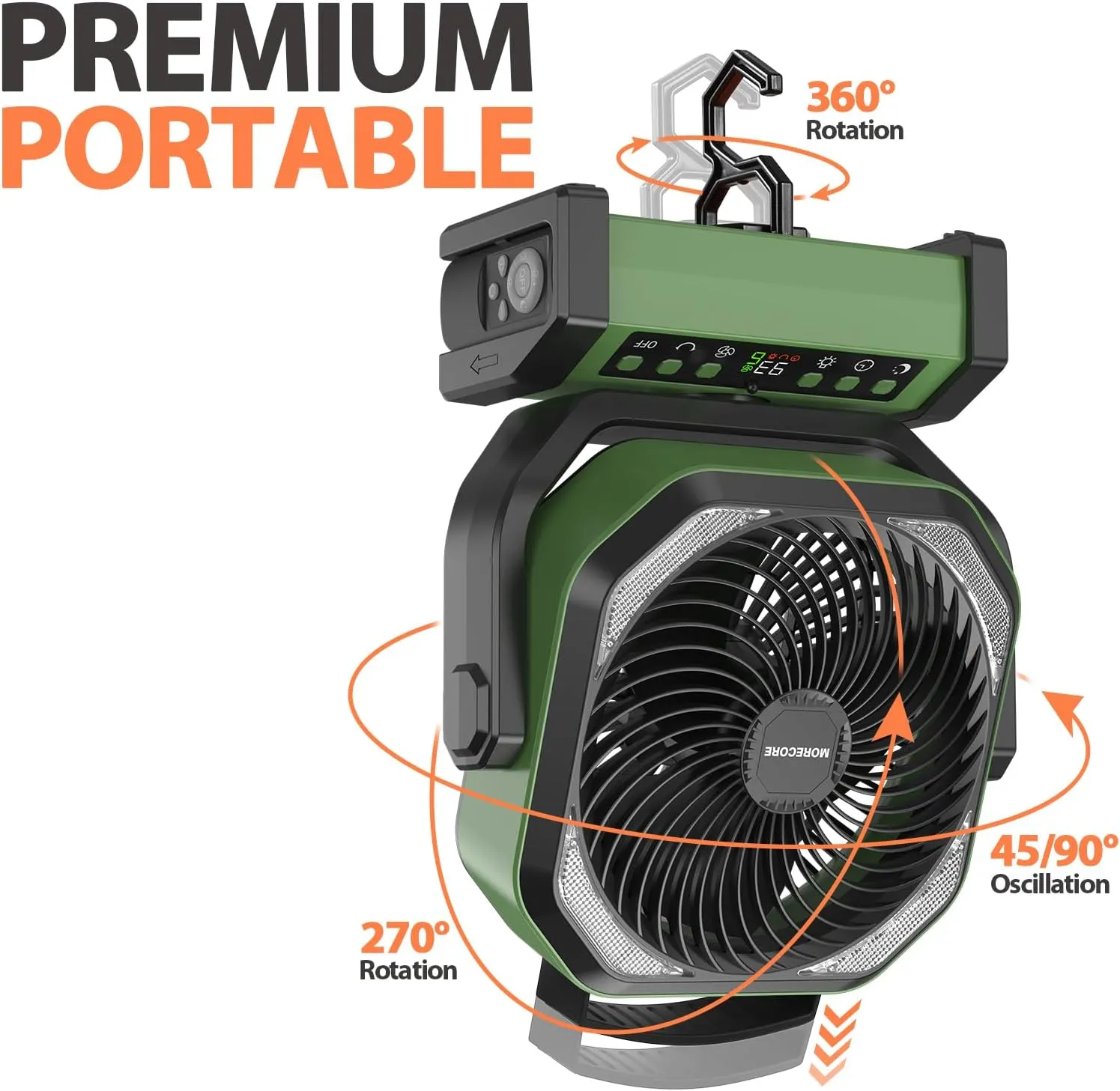 MORECORE 20000mAh Rechargeable Camping Fan with Light, 112HRS Running, 8-Speed, Auto Oscillating, Timer, LED Digital Display, 270Pivot with Hook for Tent RV Emergency Garage-Army Green