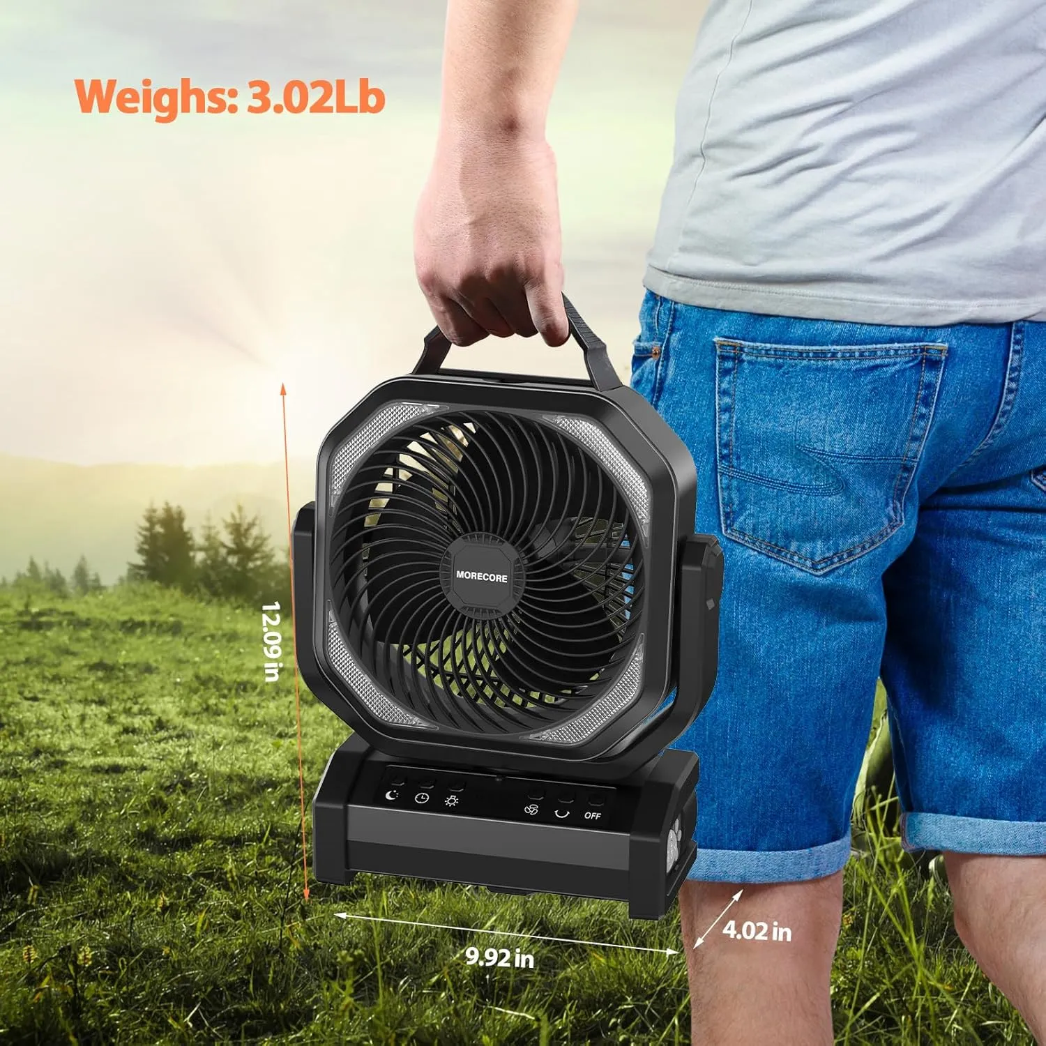 MORECORE 20000mAh Rechargeable Camping Fan with Light, 112HRS Running, 8-Speed, Auto Oscillating, Timer, LED Digital Display, 270Pivot with Hook for Tent RV Emergency Garage-Black