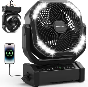 MORECORE 20000mAh Rechargeable Camping Fan with Light, 112HRS Running, 8-Speed, Auto Oscillating, Timer, LED Digital Display, 270Pivot with Hook for Tent RV Emergency Garage-Black Battery-powered portable fan