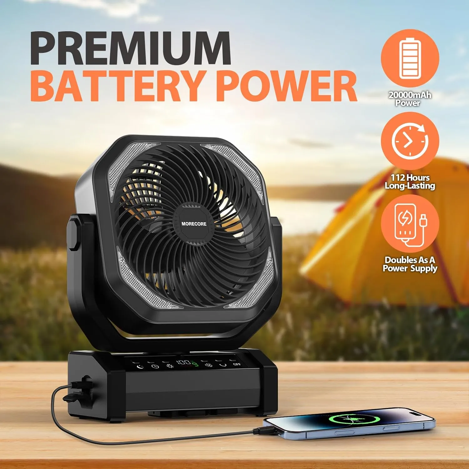 MORECORE 20000mAh Rechargeable Camping Fan with Light, 112HRS Running, 8-Speed, Auto Oscillating, Timer, LED Digital Display, 270Pivot with Hook for Tent RV Emergency Garage-Black