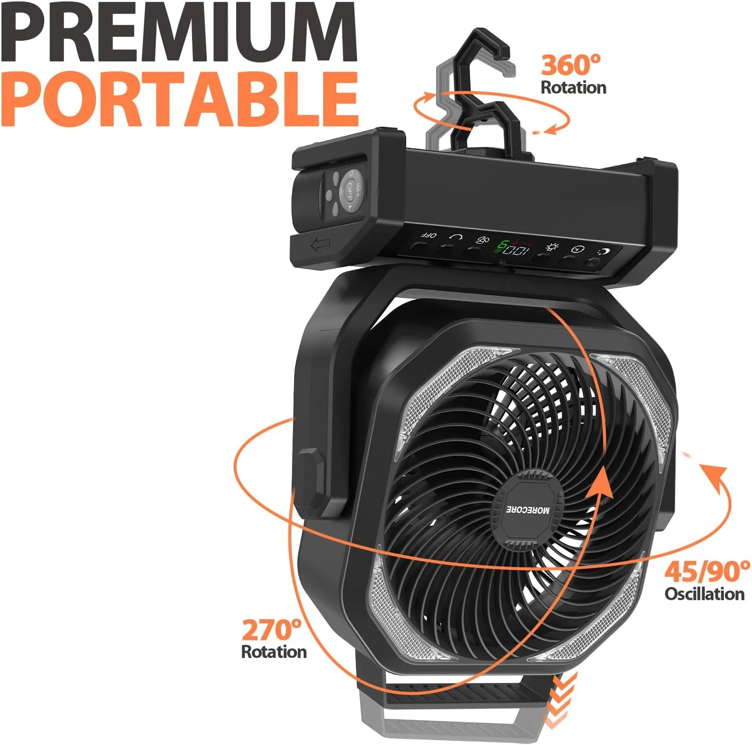 MORECORE 20000mAh Rechargeable Camping Fan with Light, 112HRS Running, 8-Speed, Auto Oscillating, Timer, LED Digital Display, 270Pivot with Hook for Tent RV Emergency Garage-Black