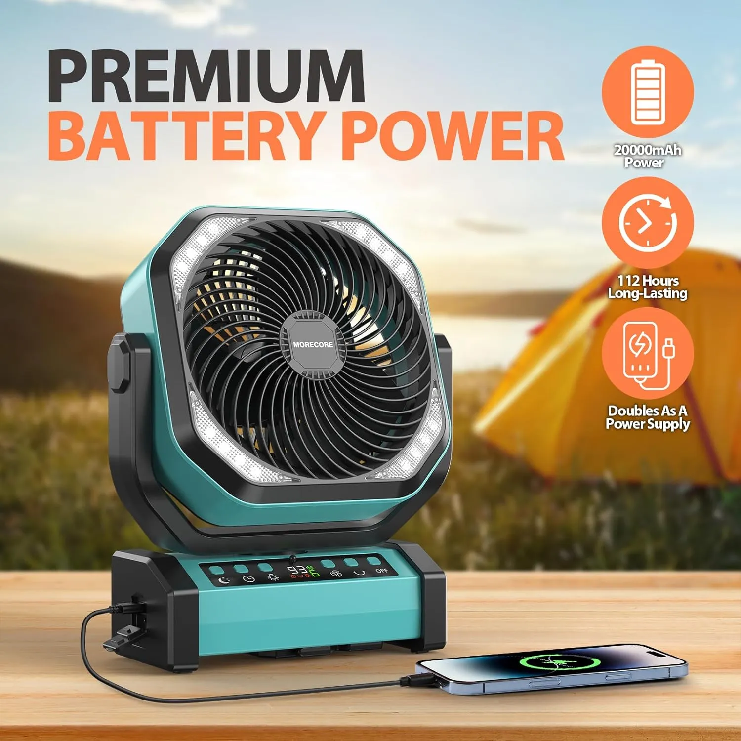 MORECORE 20000mAh Rechargeable Camping Fan with Light, 112HRS Running, 8-Speed, Auto Oscillating, Timer, LED Digital Display, 270Pivot with Hook for Tent RV Emergency Garage-Blue
