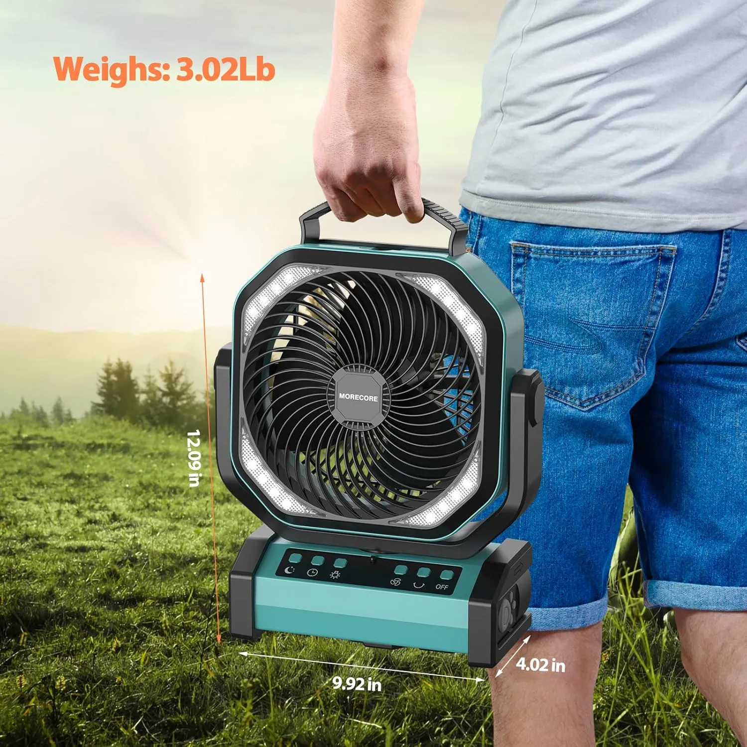 MORECORE 20000mAh Rechargeable Camping Fan with Light, 112HRS Running, 8-Speed, Auto Oscillating, Timer, LED Digital Display, 270Pivot with Hook for Tent RV Emergency Garage-Blue