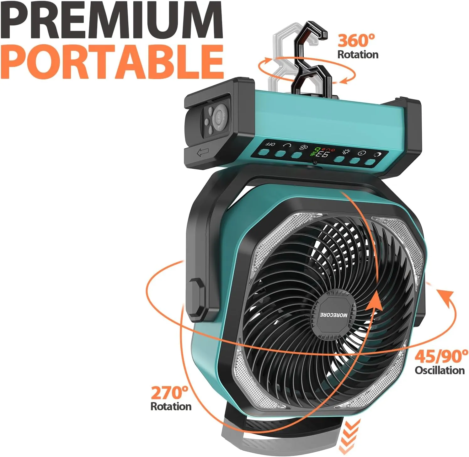 MORECORE 20000mAh Rechargeable Camping Fan with Light, 112HRS Running, 8-Speed, Auto Oscillating, Timer, LED Digital Display, 270Pivot with Hook for Tent RV Emergency Garage-Blue