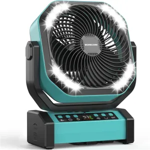MORECORE 20000mAh Rechargeable Camping Fan with Light, 112HRS Running, 8-Speed, Auto Oscillating, Timer, LED Digital Display, 270Pivot with Hook for Tent RV Emergency Garage-Blue Battery-powered portable fan