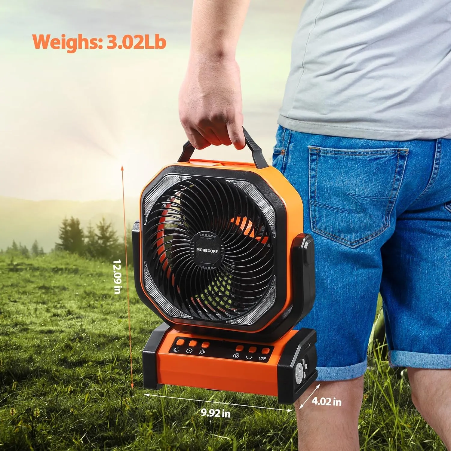 MORECORE 20000mAh Rechargeable Camping Fan with Light, 112HRS Running, 8-Speed, Auto Oscillating, Timer, LED Digital Display, 270Pivot with Hook for Tent RV Emergency Garage-Orange