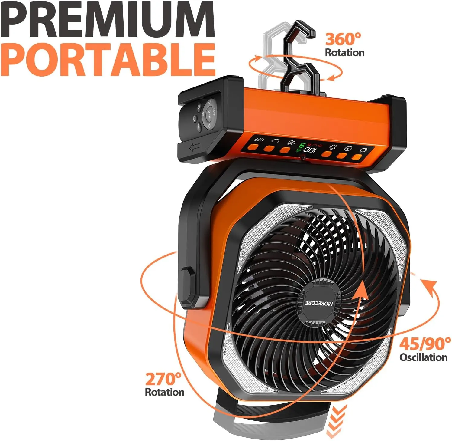 MORECORE 20000mAh Rechargeable Camping Fan with Light, 112HRS Running, 8-Speed, Auto Oscillating, Timer, LED Digital Display, 270Pivot with Hook for Tent RV Emergency Garage-Orange
