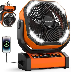 MORECORE 20000mAh Rechargeable Camping Fan with Light, 112HRS Running, 8-Speed, Auto Oscillating, Timer, LED Digital Display, 270Pivot with Hook for Tent RV Emergency Garage-Orange Battery-powered portable fan