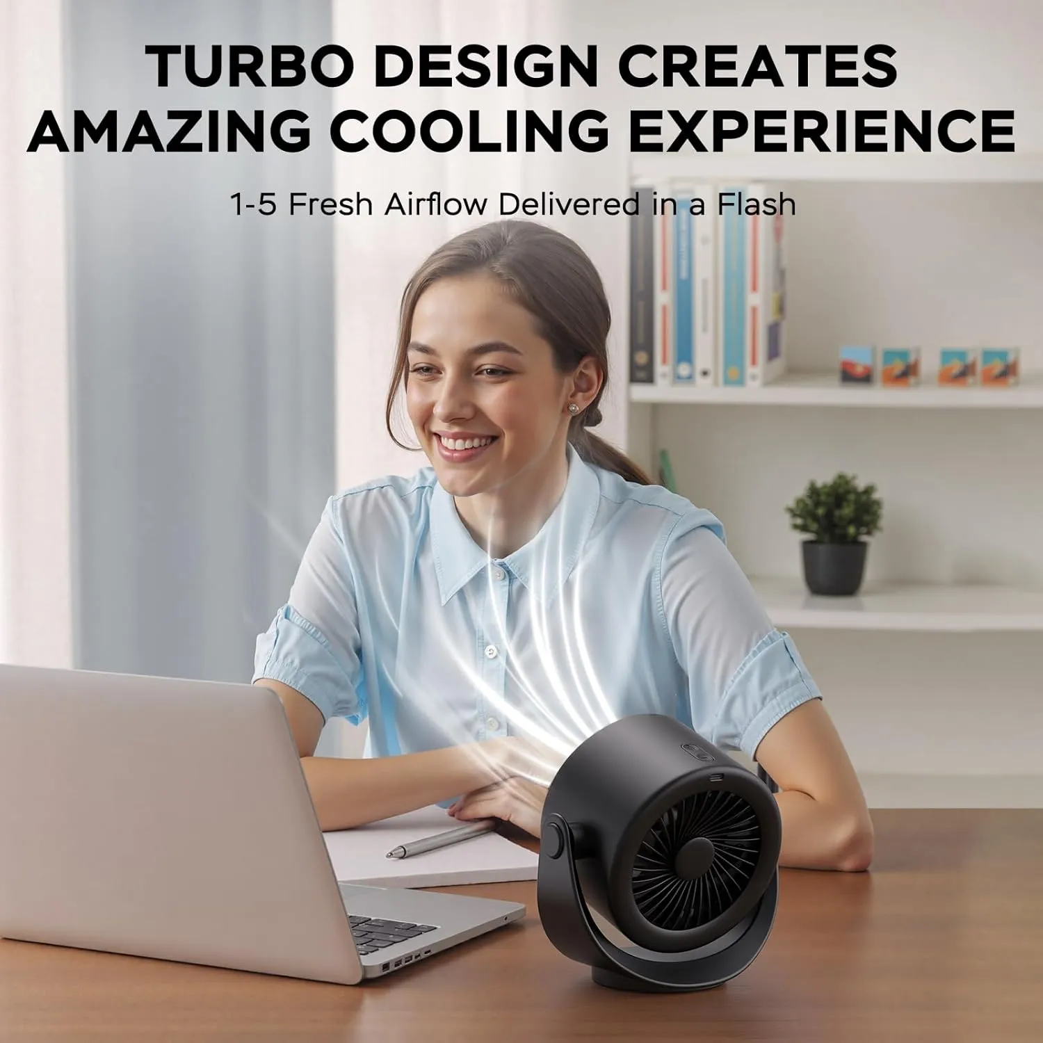 MORECORE Desk Fans for Bedroom, Strong Airflow Turbo Quiet Small USB Fan, 17hrs Running, 360 Rotate & 5 Speeds, 4000mAh Battery Operated Portable Fan with LED Display for Home Office Desktop-Black