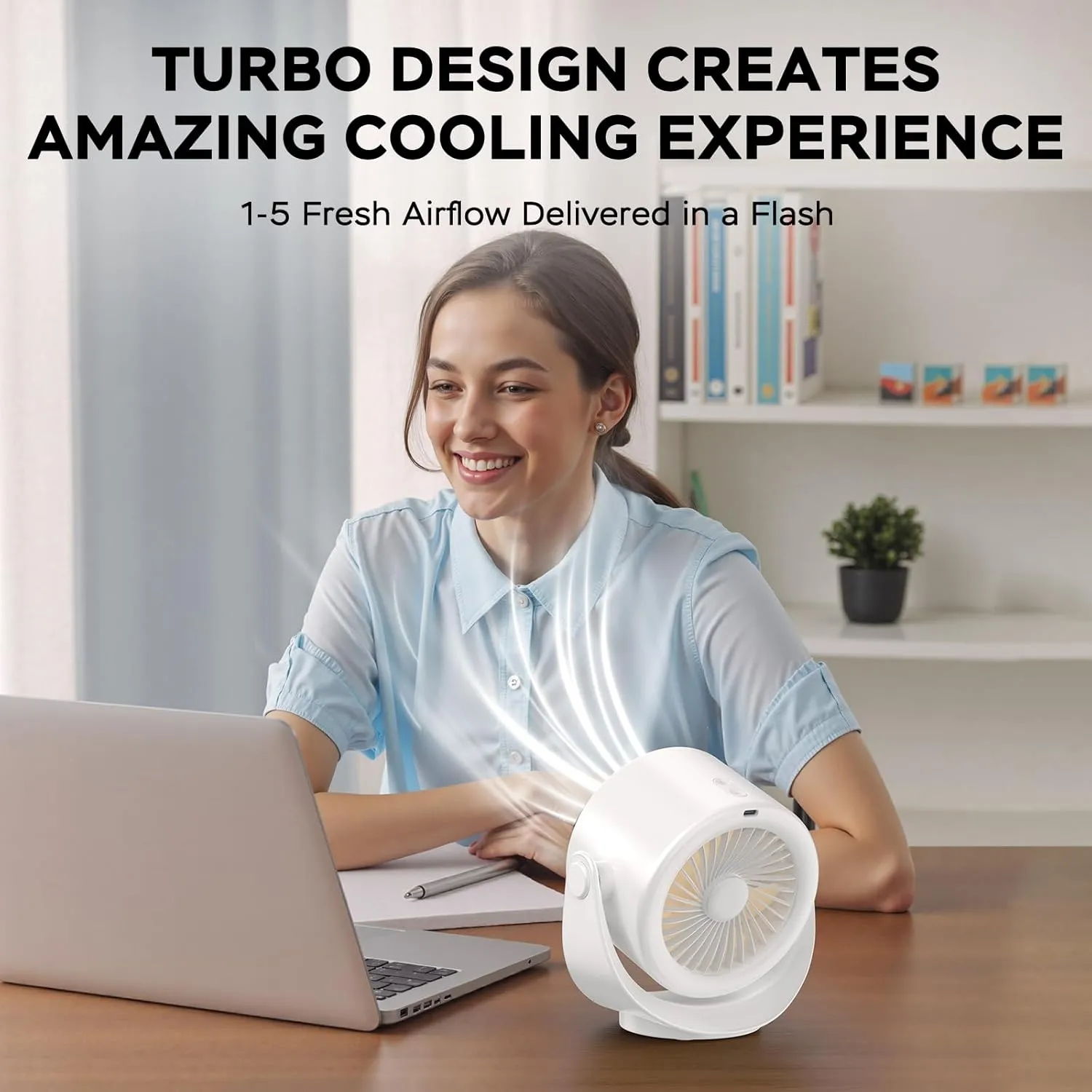 MORECORE Desk Fans for Bedroom, Strong Airflow Turbo Quiet Small USB Fan, 17hrs Running, 360 Rotate & 5 Speeds, 4000mAh Battery Operated Portable Fan with LED Display for Home Office Desktop-White
