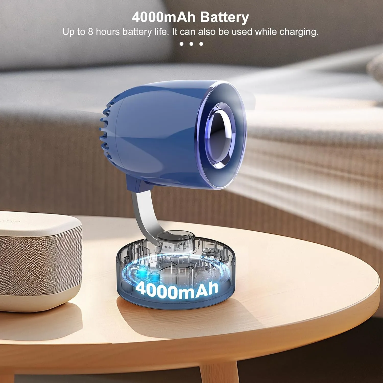 Mr. Young Quiet Portable Desk Fan - 4-Speed Adjustable 150 Oscillating USB-C Rechargeable Small Mini Fan with 10  Hours Battery Life Perfect Table Fan for Home/Office/Dorm (Blue)