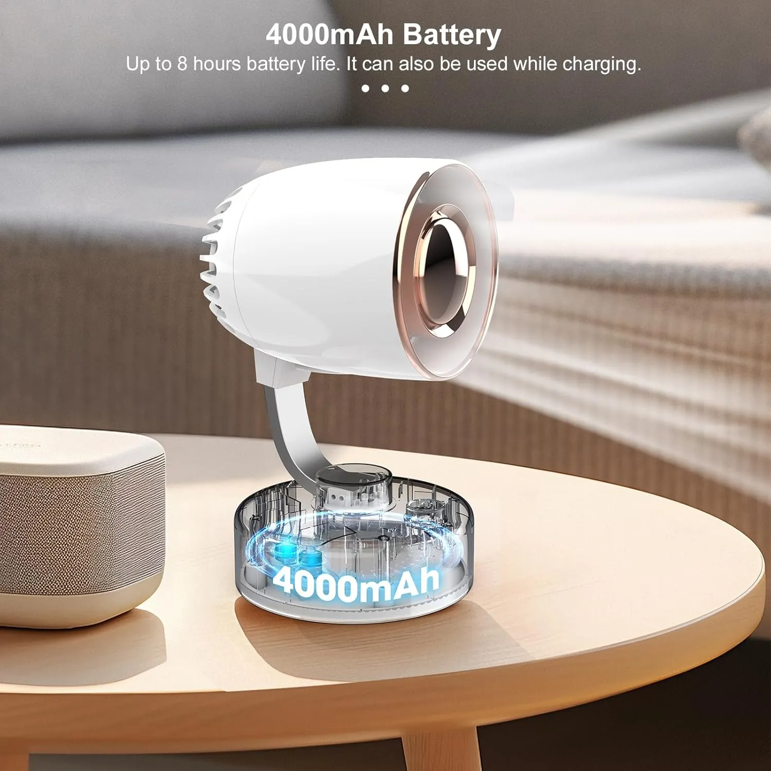 Mr. Young Quiet Portable Desk Fan - 4-Speed Adjustable 150 Oscillating USB-C Rechargeable Small Mini Fan with 10  Hours Battery Life Perfect Table Fan for Home/Office/Dorm (White)