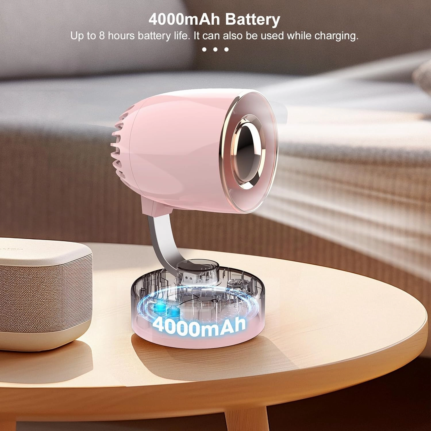 Mr. Young Quiet Portable Desk Fan - 4-Speed Adjustable 150 Oscillating USB-C Rechargeable Small Mini Fan with 10  Hours Battery Life Perfect Table Fan for Home/Office/Dorm (Pink)