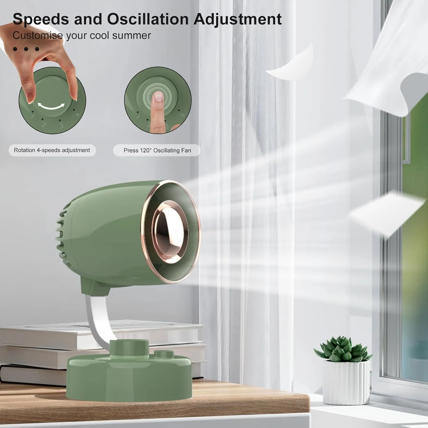 Mr.Young Mr. Young Quiet Desk Fan - 3-Speed Adjustable, Oscillating, USB-C Rechargeable, Portable Mini Fan with 10  Hours Battery Life - Perfect for Home, Office, and Travel (Green), Small, 9160028