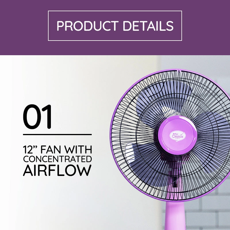 My Choice 12" Desk Fan  High Velocity, Oscillation, Adjustable Tilt, Durable, Quiet, Overheat Protection, 3-Speed, pink & purple, MC303