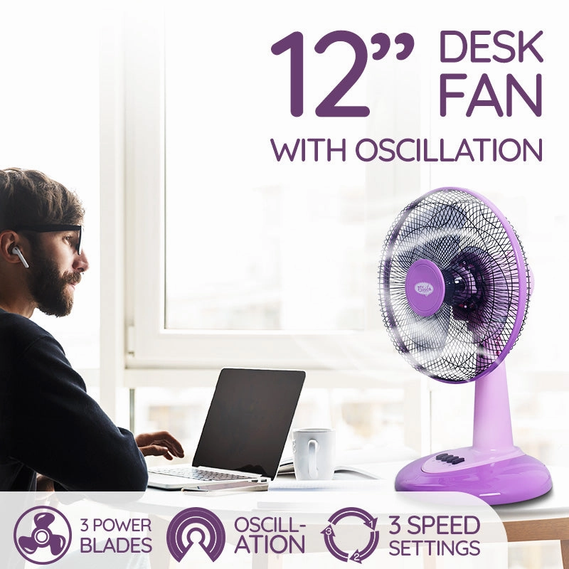 My Choice 12" Desk Fan  High Velocity, Oscillation, Adjustable Tilt, Durable, Quiet, Overheat Protection, 3-Speed, pink & purple, MC303