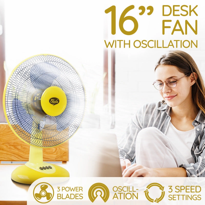 My Choice 16" Desk Fan  High Velocity, Oscillation, Adjustable Tilt, Durable, Quiet, Overheat Protection, 3-Speed, yellow, MC505