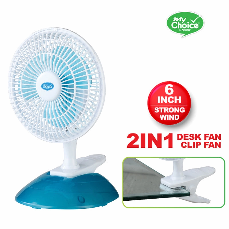 MyChoice 6" Clip/Table Fan  Clip Stand with Base, Adjustable Tilt, Strong Wind, Portable, Durable, 2-Speed, white & blue, MC202