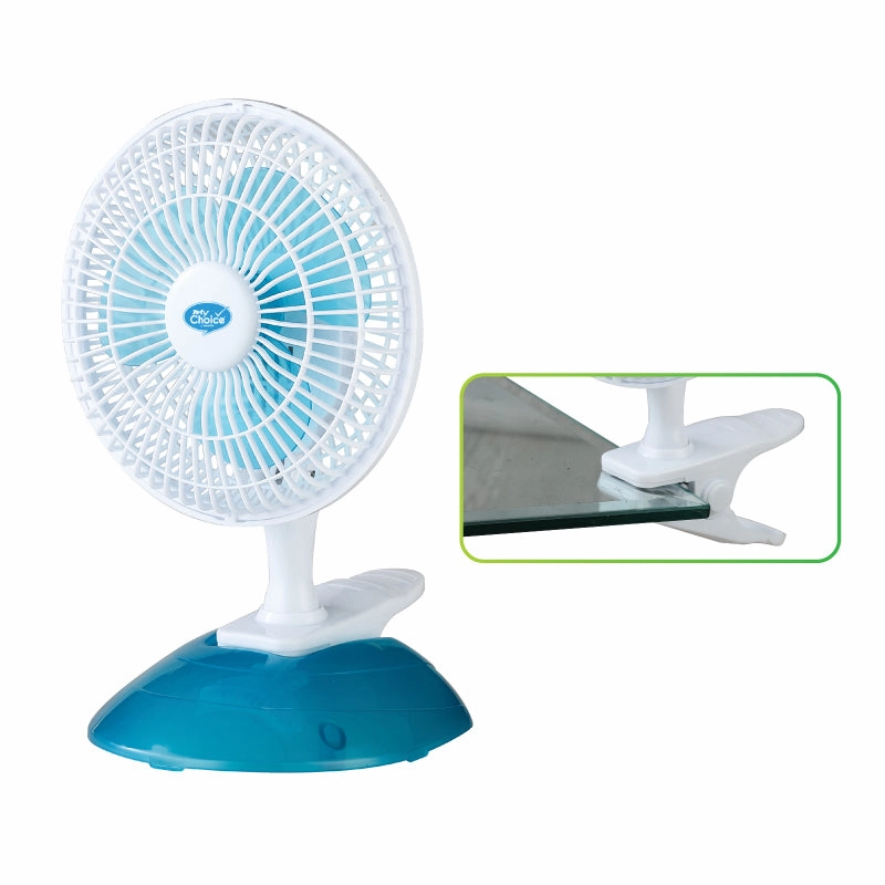 MyChoice 6" Clip/Table Fan  Clip Stand with Base, Adjustable Tilt, Strong Wind, Portable, Durable, 2-Speed, white & blue, MC202