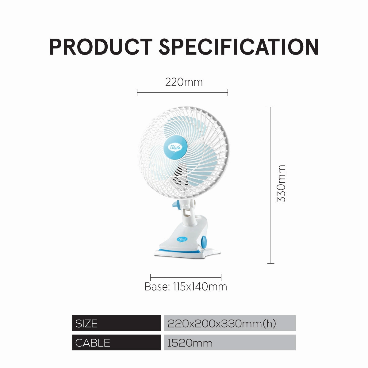 MyChoice 7" Clip/Table Fan  Adjustable Tilt, Oscillation, Strong Wind, Portable, Durable, 2-Speed, white & blue, MC202A