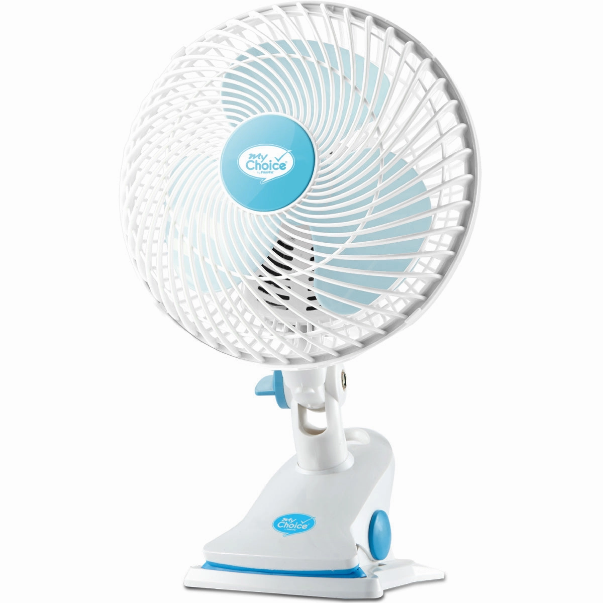 MyChoice 7" Clip/Table Fan  Adjustable Tilt, Oscillation, Strong Wind, Portable, Durable, 2-Speed, white & blue, MC202A