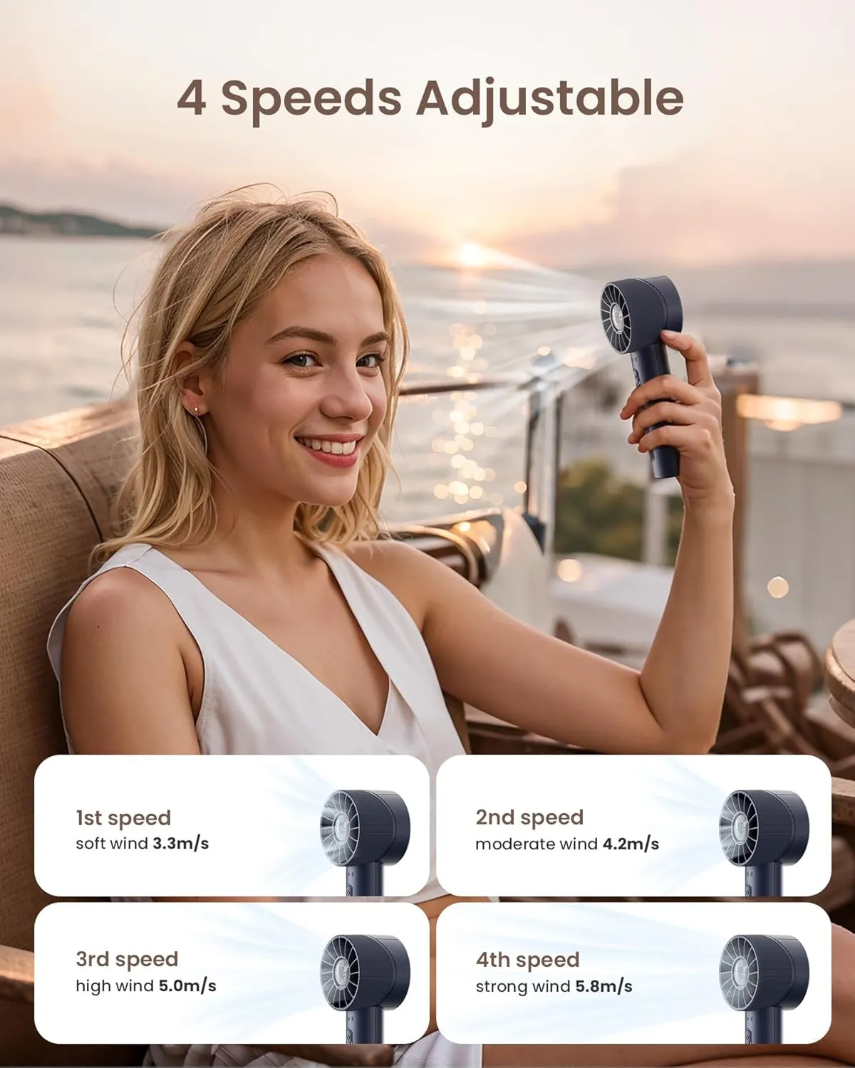 Navy Blue Rechargeable Mini Handheld Turbo Fan - 4 Speed High Velocity Personal Fan with Max 16H Cooling Time, Travel Essentials for Vacation/Beach/Trip