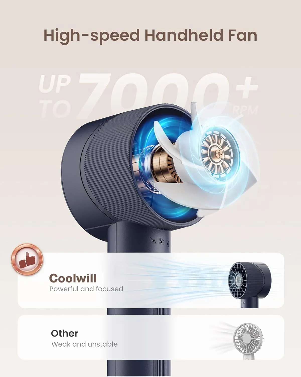 Navy Blue Rechargeable Mini Handheld Turbo Fan - 4 Speed High Velocity Personal Fan with Max 16H Cooling Time, Travel Essentials for Vacation/Beach/Trip