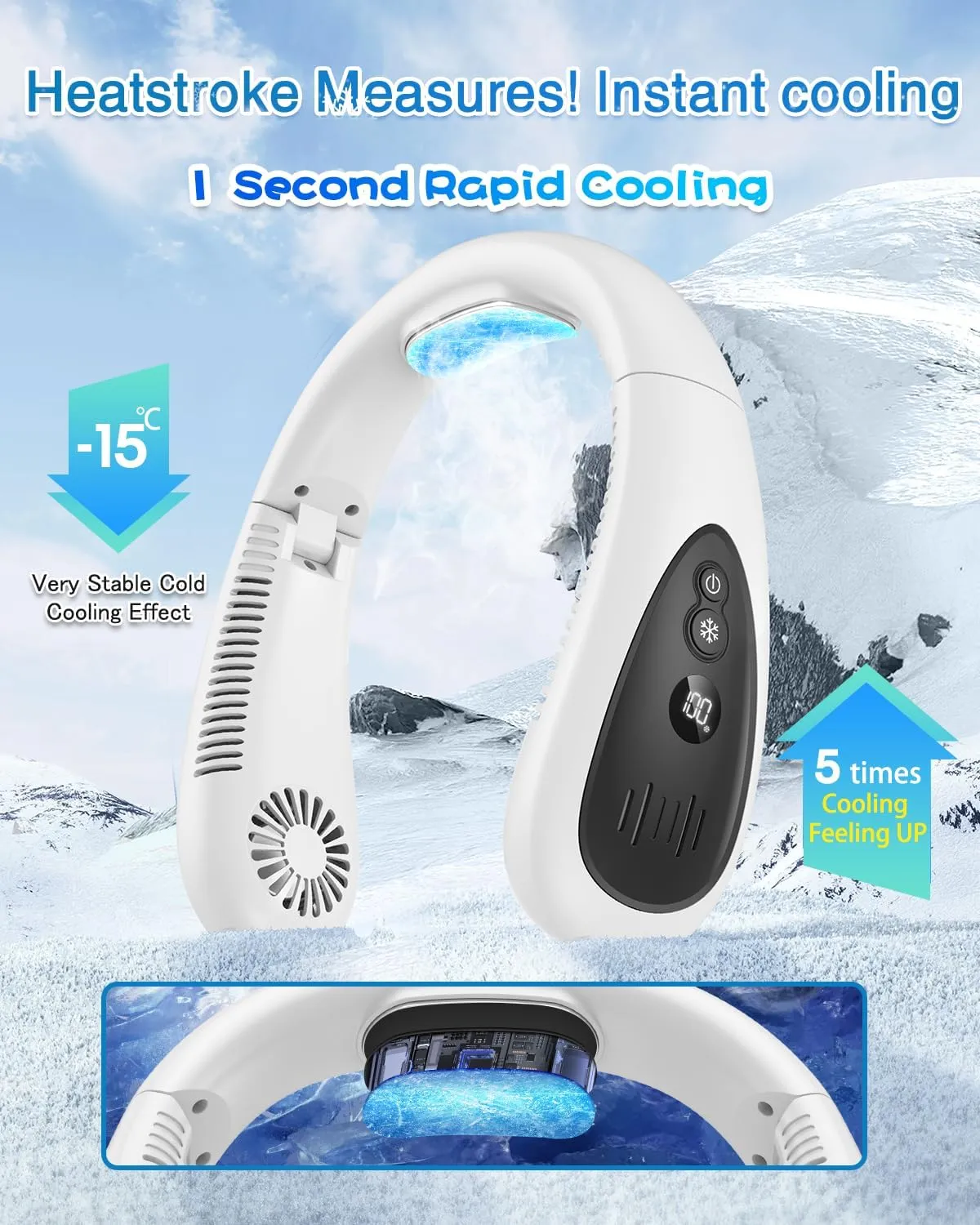 Neck Air Conditioner, 5000mAh Portable Neck Fan with Semiconductor Cooling Airflow Bladeless USB Neck Fans Portable Rechargeable with 3 Speeds, LED Display, Personal Fan for Outdoor Travel Indoor