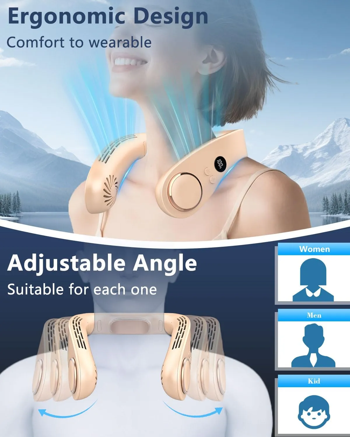 Neck Cooler for Hot Weather,Neck Fan Rechargeable Battery AC Unit,Personal Neckband Wear Wireless Cool Plates Fans Fast Charging Conditioning,Soundless Best Neck Fan for Walk Travel Airplane