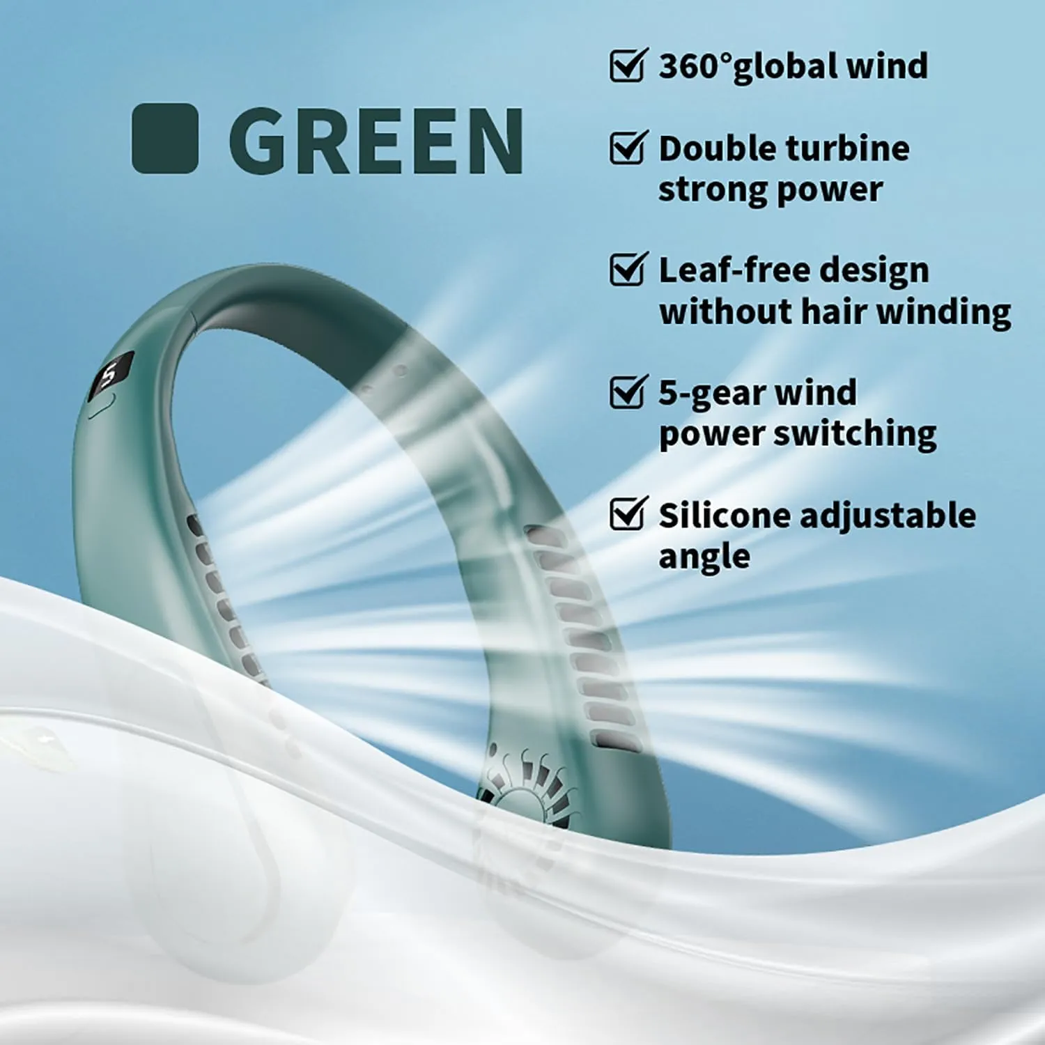 Neck Fan, 5-Speed Adjustable, 360 Rotation, USB Rechargeable, Quiet Bladeless Hands-Free Fan for Travel, Office, and Outdoor Use-Green