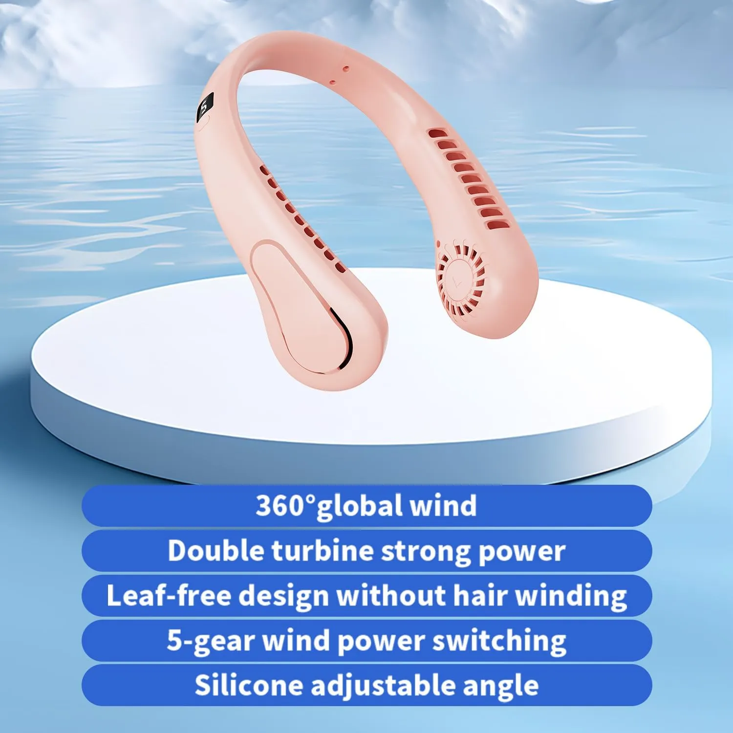 Neck Fan, 5-Speed Adjustable, 360 Rotation, USB Rechargeable, Quiet Bladeless Hands-Free Fan for Travel, Office, and Outdoor Use-Pink