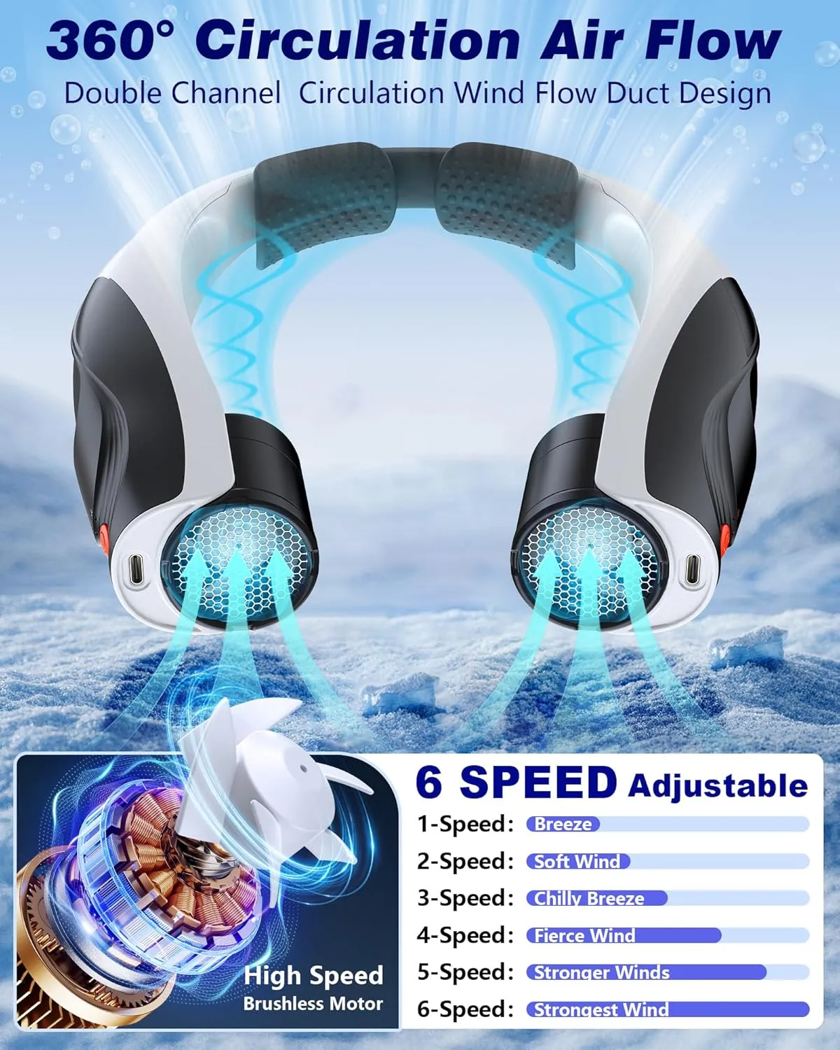 Neck Fan, AI 6 Speeds Powerful Portable Fan, 6000mAh Long-Lasting Battery Faster Cooling, USB-C Rechargeable, Ultra-Quiet, Hands-Free, 360 Airflow, Personal Fan for Women Men Office Travel Outdoor