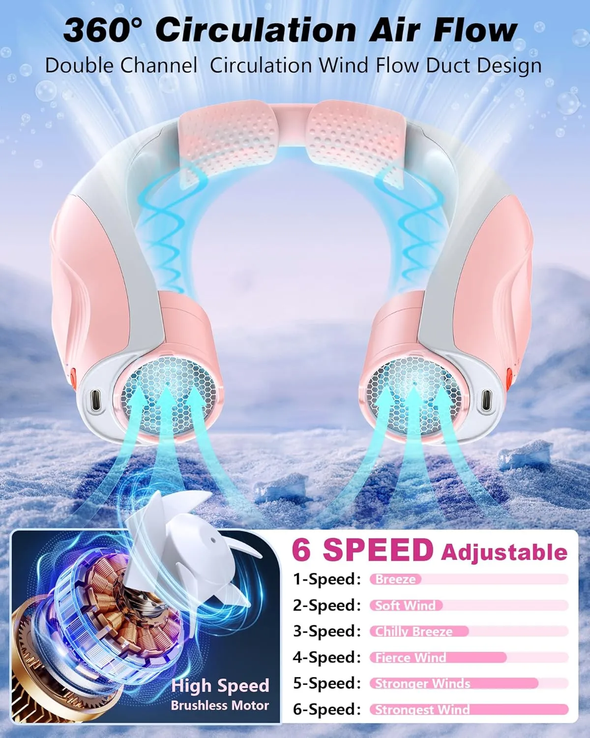 Neck Fan, AI 6 Speeds Powerful Portable Fan, 6000mAh Long-Lasting Battery Faster Cooling, USB-C Rechargeable, Ultra-Quiet, Hands-Free, 360 Airflow, Personal Fan for Women Men Office Travel Outdoor