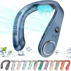 Neck Fan Air Conditioner,Personal Cooling Device,Neck Air Conditioners Portable Neck AC Rechargeable Battery Powered,USB Silent Headphones Round Leafless Necklace Fan for Women Men Adults Kids Blue Neck fan for hands-free comfort
