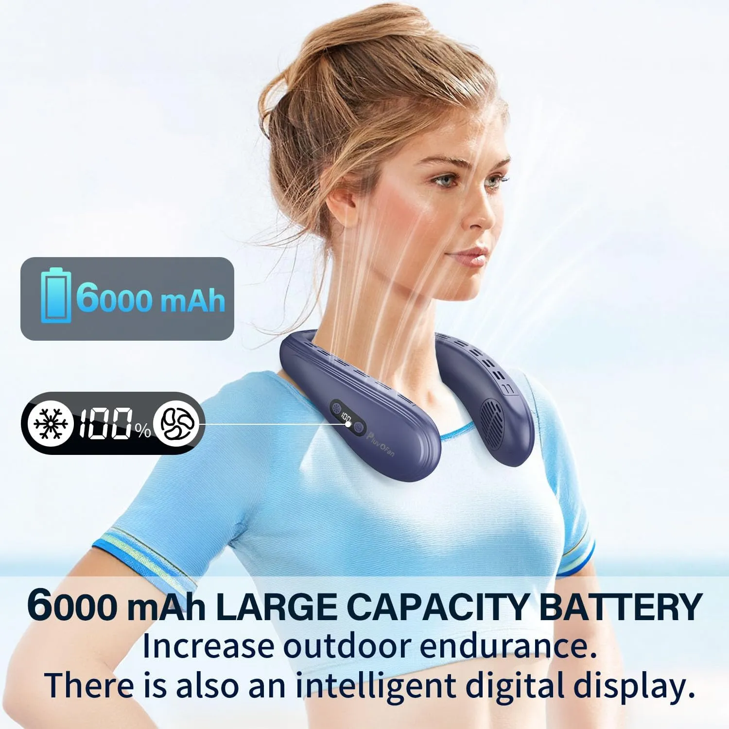 Neck Fan Back-Windy 6000mAh with Cooling Plate Bladeless Portable Quiet Air Conditioner Rechargeable Camping Essentials for Women Men Outdoor Activities Gardening Walking the Dogs(Royal Blue)