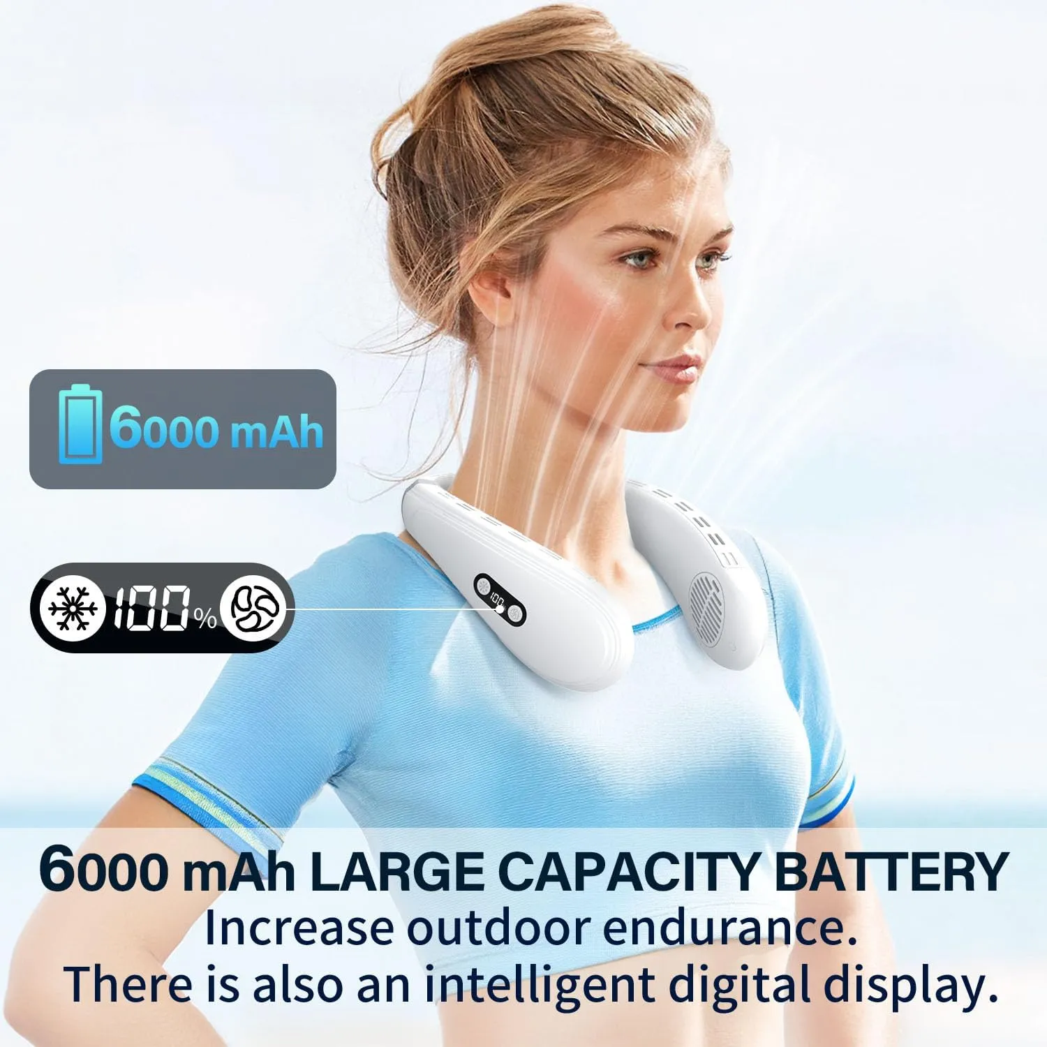 Neck Fan Back-Windy 6000mAh with Cooling Plate Cold Compress Bladeless Portable Quiet Air Conditioner Rechargeable Holiday Essentials for Women Men Outdoor Camping Gardening Walking(White)