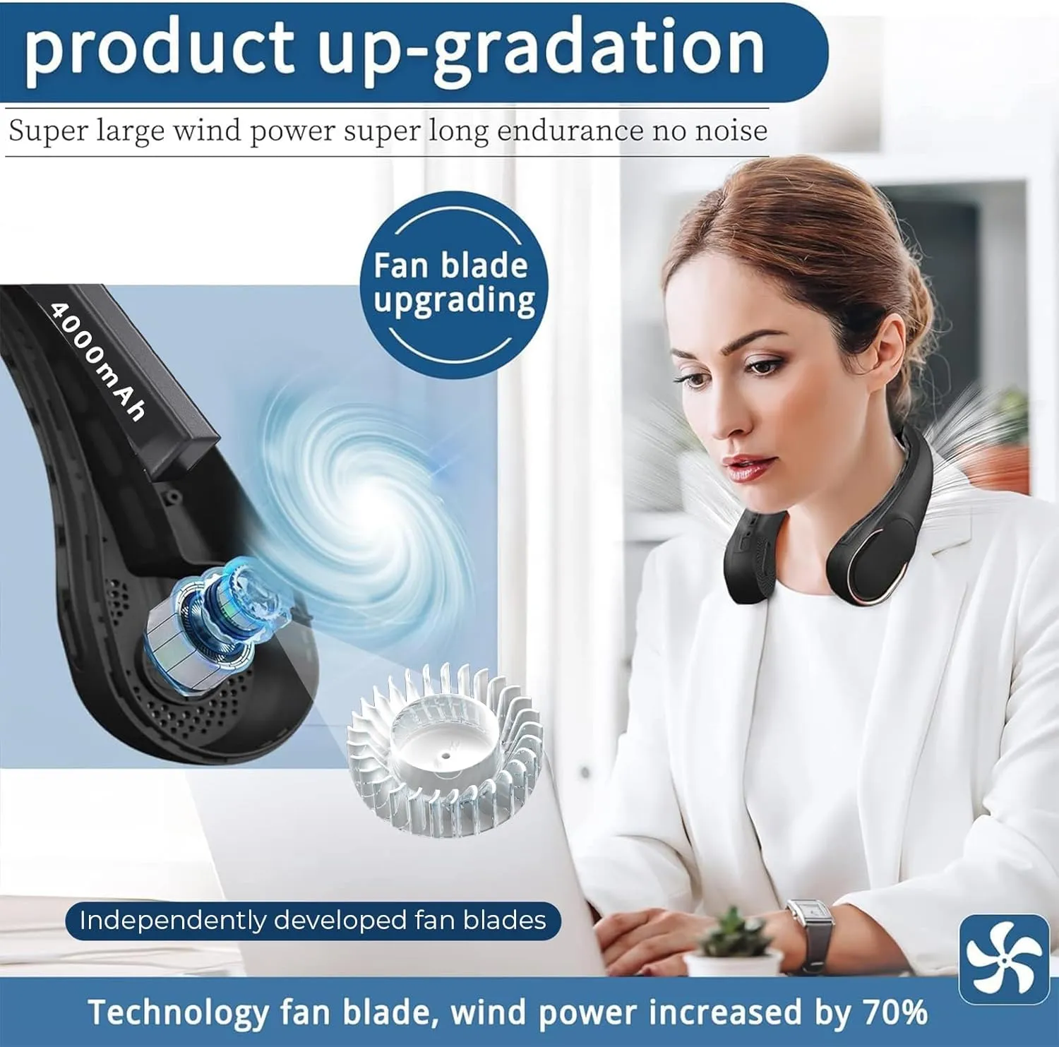 Neck Fan, Bladeless Neck Fan, 4000 mAh Rechargeable Personal Fan, 360 Hands Free Wearable Fan, 3 Speeds Adjustable,Faster Cooling, Ultra Quiet, Suitable for Home, Office, Travel, Sports