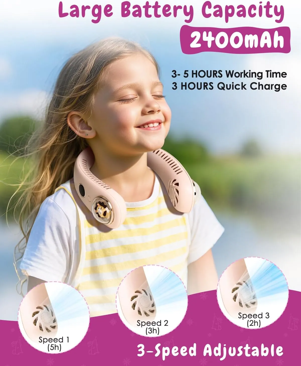 Neck Fan for Kids,Bladeless Portable Fan Rechargeable for 4-14Y Girls & Boys, 2400mAh USB Personal Cooling Mini Fan Rechargeable for Travel/Disney/Camping, 3 Speeds, Summer Essentials(Beige) Neck fan for hands-free comfort