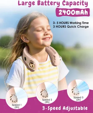 Neck Fan for Kids,Bladeless Portable Fan Rechargeable for 4-14Y Girls & Boys, 2400mAh USB Personal Cooling Mini Fan Rechargeable for Travel/Disney/Camping, 3 Speeds, Summer Essentials(Beige) Neck fan for hands-free comfort