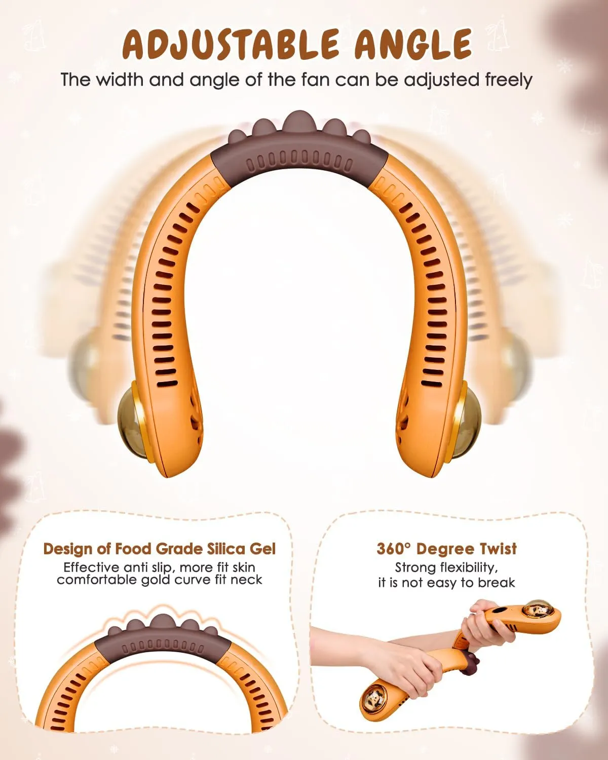 Neck Fan for Kids,Bladeless Portable Fan Rechargeable for 4-14Y Girls & Boys, 2400mAh USB Personal Cooling Mini Fan Rechargeable for Travel/Disney/Camping, 3 Speeds, Summer Essentials(Orange)