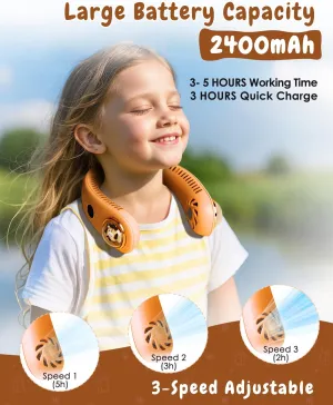 Neck Fan for Kids,Bladeless Portable Fan Rechargeable for 4-14Y Girls & Boys, 2400mAh USB Personal Cooling Mini Fan Rechargeable for Travel/Disney/Camping, 3 Speeds, Summer Essentials(Orange) Neck fan for hands-free comfort