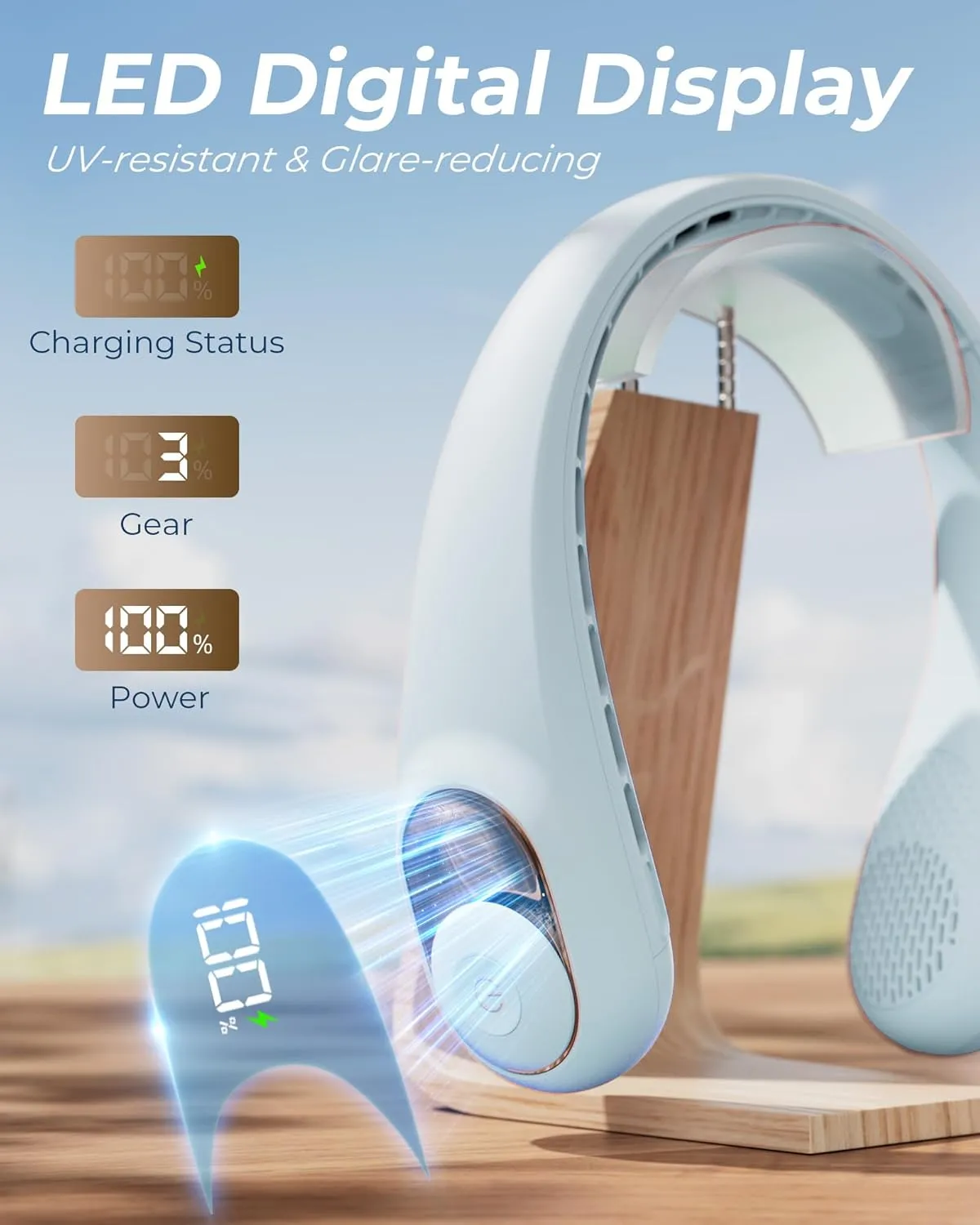 Neck Fan, Personal Fan with LED Display, USB-C Rechargeable, 5200mAh-Battery, 3-Speed Adjustment & Whisper-Quiet Operation, Perfect for Home, Travel, Sports