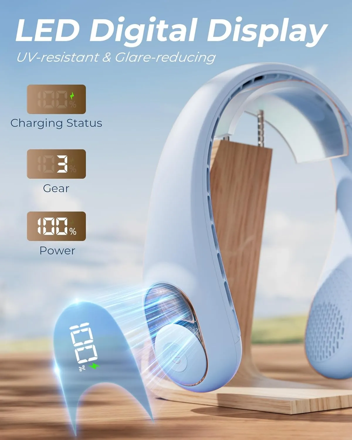 Neck Fan, Personal Fan with LED Display, USB-C Rechargeable, 5200mAh-Battery, 3-Speed Adjustment & Whisper-Quiet Operation, Perfect for Home, Travel, Sports