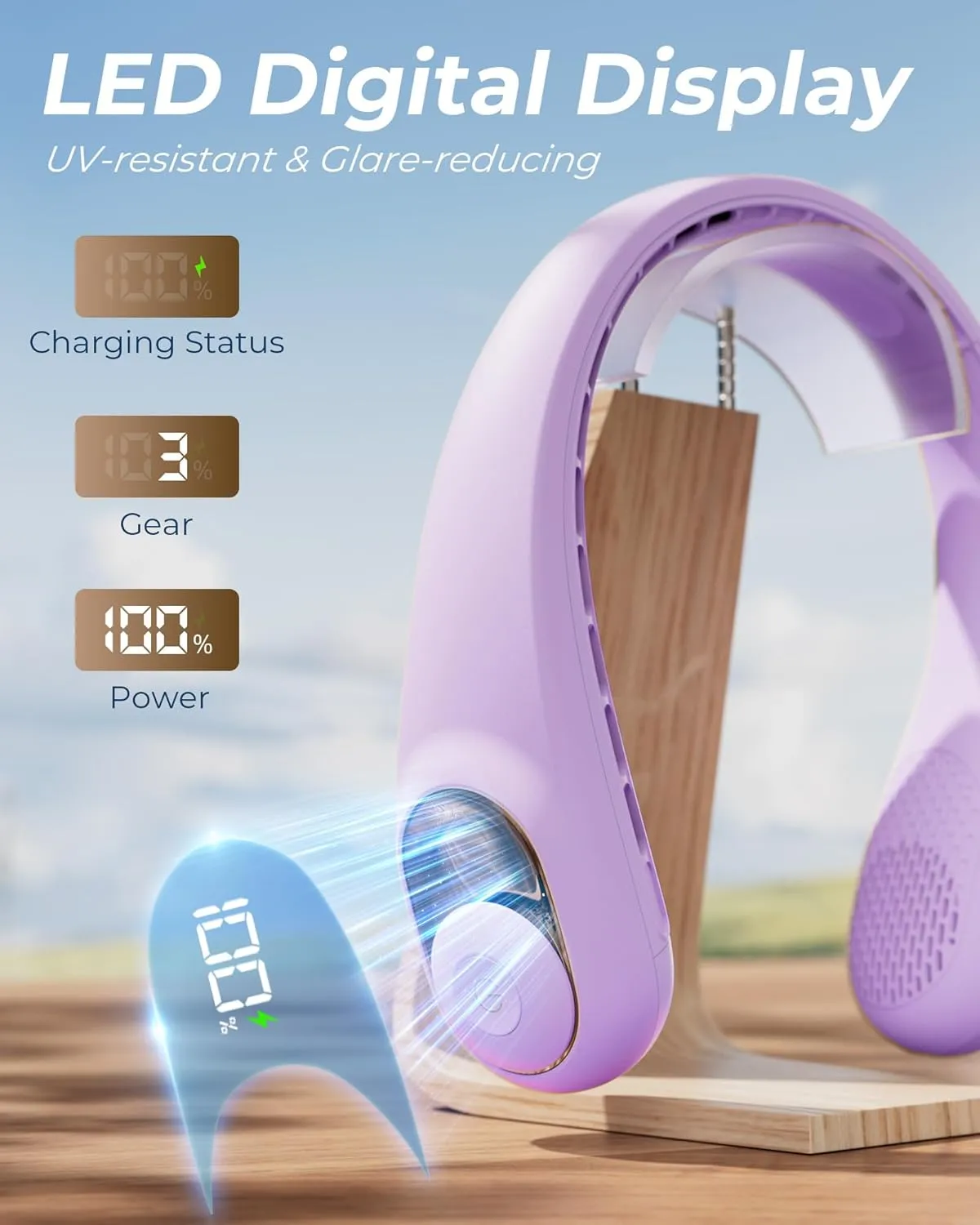 Neck Fan, Personal Fan with LED Display, USB-C Rechargeable, 5200mAh-Battery, 3-Speed Adjustment & Whisper-Quiet Operation, Perfect for Home, Travel, Sports