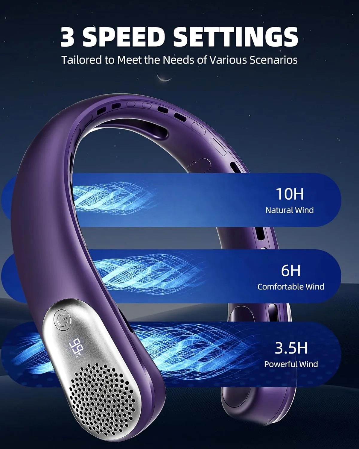 Neck Fan, Portable 4000 mAh Battery Operated Personal Fan with LED Display, 3 Wind Speed, Fast Cooling, Fast Cooling,USB Rechargeable Fan for Women Outdoor Purple